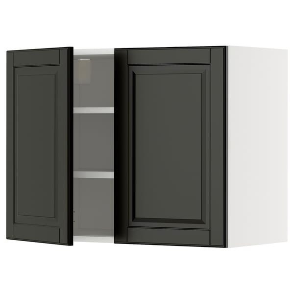 Modern black kitchen cabinet with bevelled edges, two-door design, featuring shelves inside.