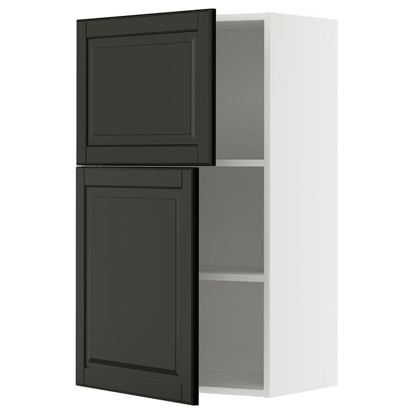 Modern black kitchen cabinet with adjustable shelf, sleek design, beveled edges.
