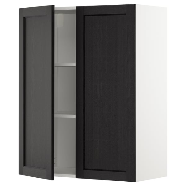 Black wall-mounted cabinet with one open door, adjusting shelf inside, part of ikeas METOD kitchen system.