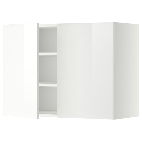 White modern kitchen cabinet with adjustable shelves, sleek glossy finish, and contemporary design.