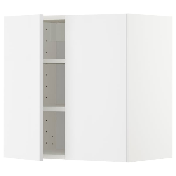 White high-gloss kitchen cabinet, modern design, adjustable shelves inside, sleek and clean look.