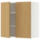 A light wood-colored wall cabinet with a single open door. The cabinet sleek, modern lines and adjustable shelves.
