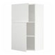White, two-door cabinet with adjustable shelf. Modern, square design. One door open, revealing shelf.