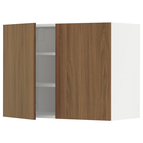Modern kitchen cabinet, dark wood grain finish, wall-mountable with adjustable shelves.