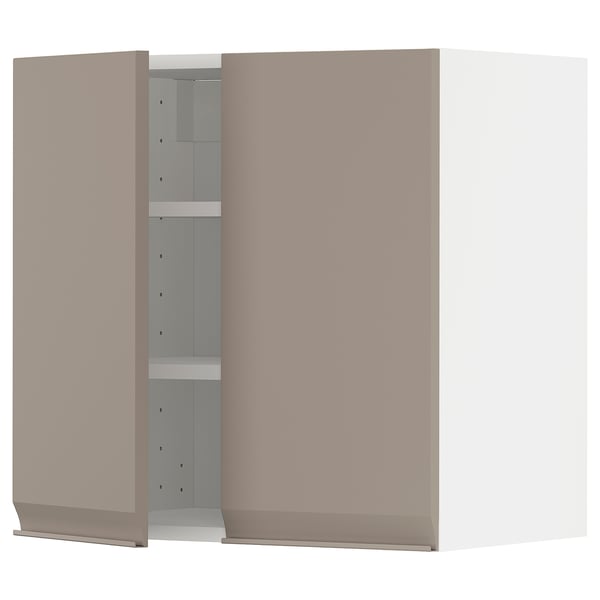Modern kitchen cabinet in grey-beige with adjustable shelves, featuring sleek design and matte finish.