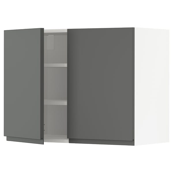 Modern grey kitchen cabinet with two doors, sleek handles, and adjustable shelves.