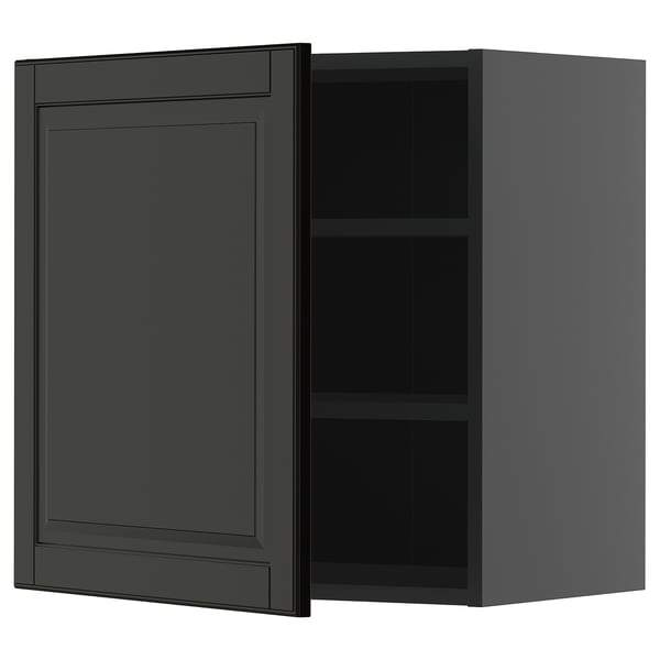 Dark grey kitchen cabinet with single door open, revealing adjustable shelves.