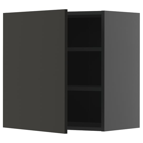 Modern grey wall cabinet with two shelves, one door open, one closed.