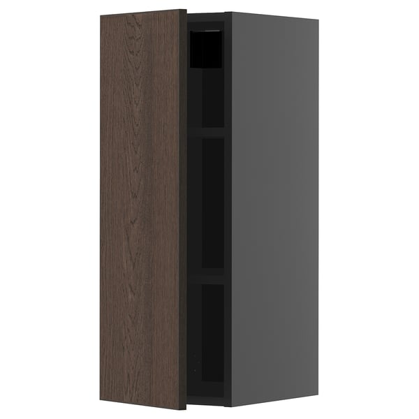 Modern dark wood kitchen cabinet with sleeve door and shelves.