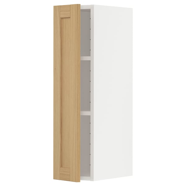 White wall-mounted kitchen cabinet with oak door.