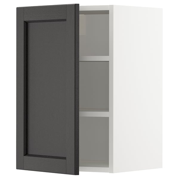 Depicts an open, dark grey wooden cabinet with two shelves. The cabinet has a rectangular shape and a modern design.