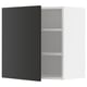 Black & white kitchen cabinet with open shelves, modern design.