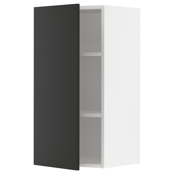 Modern black & white cabinet, tall, rectangle, open door.
