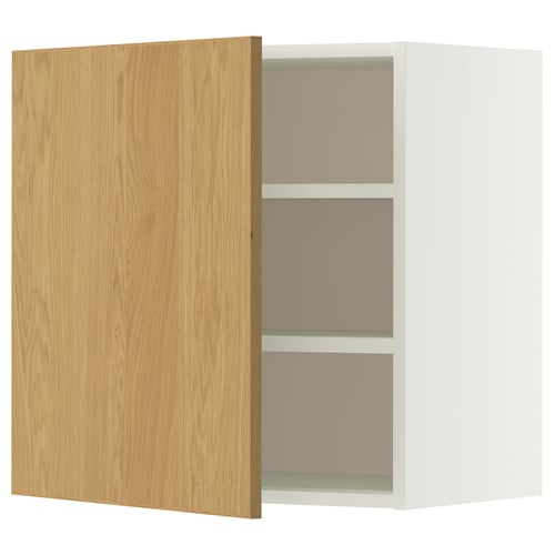 A METOD wall cabinet. It a light oak door and a white frame with two shelves inside. The cabinet is rectangular with a modern design.