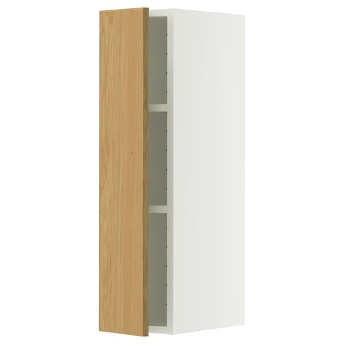 A white METOD wall cabinet with a light oak door and a single shelf inside. The cabinet is rectangular and modern in design.