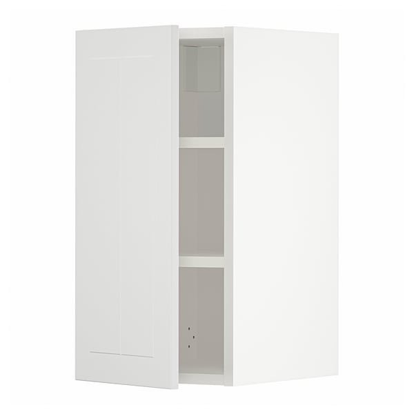Whitish METOD cabinet, slim rectangular, vertical shelves, white doors, crafted style.