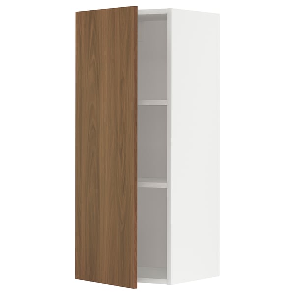 White wall cabinet with brown wood door, modern design.