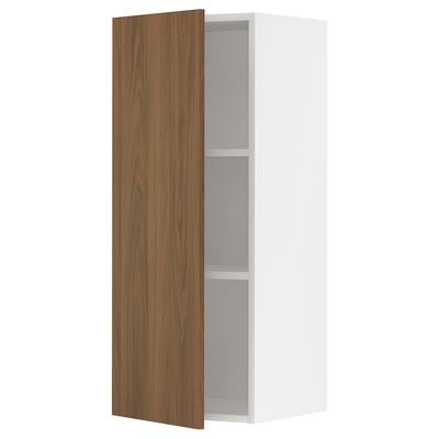 White wall cabinet with brown wood door, modern design.
