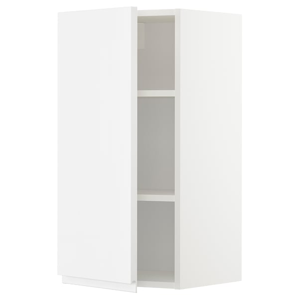 White kitchen cabinet with 2 shelves, one door open, modern design.