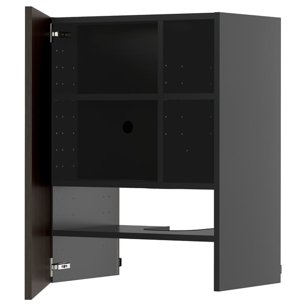 Modern dark brown wooden cabinet, open interior shelves, adjustable shelves, sturdy frame.