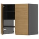 A modern wooden cabinet with grey accents, featuring an open door revealing shelves inside.