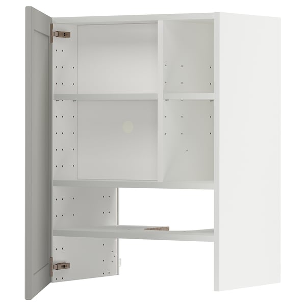 A white METOD kitchen cabinet with an open door, highlighting its interior shelves and adjustable shelves.