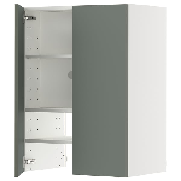 Gray-green METOD kitchen cabinet with adjustable shelves and metallic hinges.