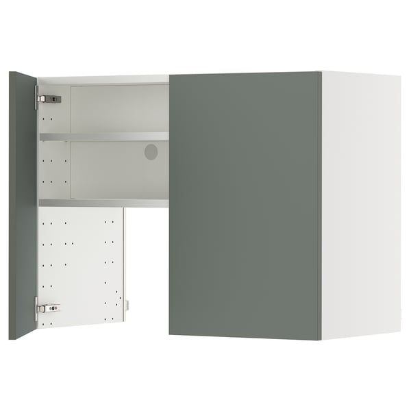 Modern grey-green kitchen cabinet, METOD, rectangular, with adjustable shelves, open doors revealing interior.