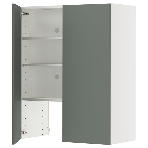 A greenish-gray METOD cabinet with adjustable shelves. Its modern and versatile for kitchens.