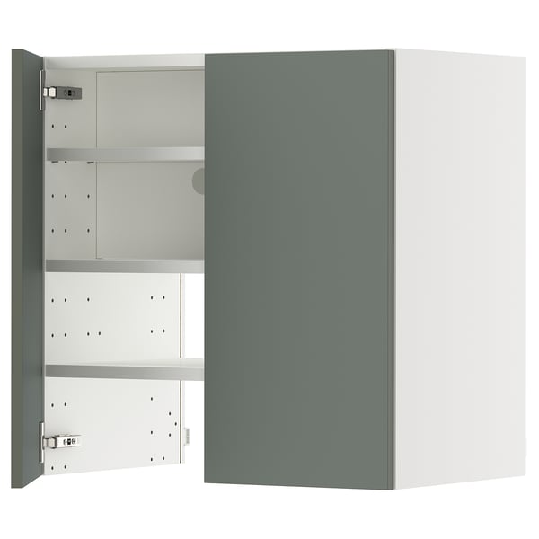 An open METOD kitchen cabinet with gray-green doors. It adjustable shelves inside.