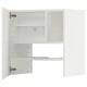 A white METOD kitchen cabinet with one door open, revealing inner shelves.