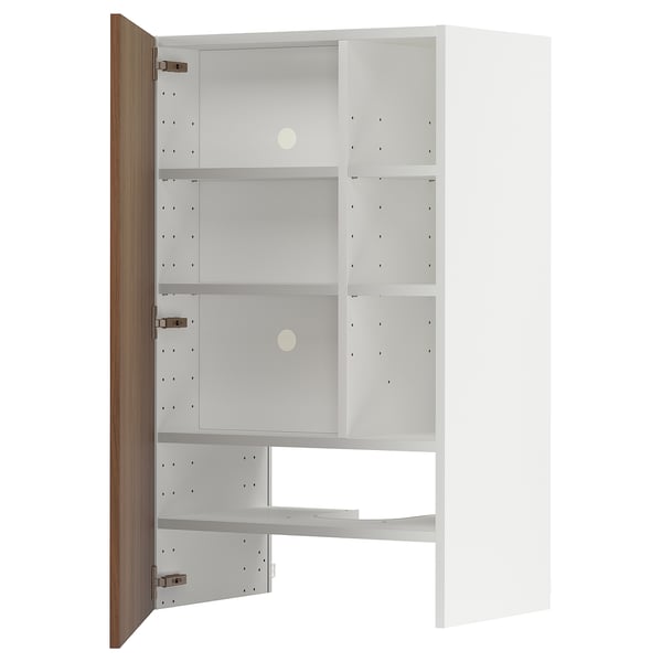 White METOD cabinet with wood panel, open doors, adjustable shelves.
