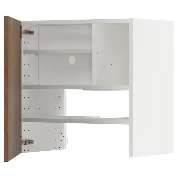 White METOD kitchen unit with one open wooden door, showcasing adjustable shelves inside.