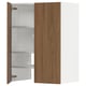 Modern kitchen cabinet, walnut finish, white shelves, two doors, adjustable shelves.