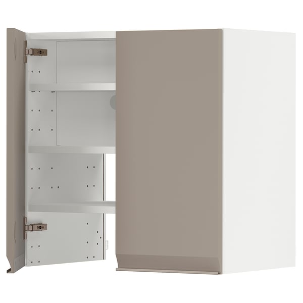 Modern kitchen cabinet, grey-beige, wooden, rectangular, with three shelves.