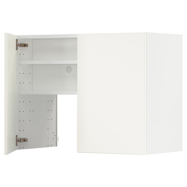 A white METOD kitchen cabinet with veddinge fronts, featuring a rectangular shape and adjustable shelves.