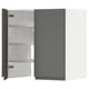 Modern grey kitchen cabinet with adjustable shelves, metallic hinges.