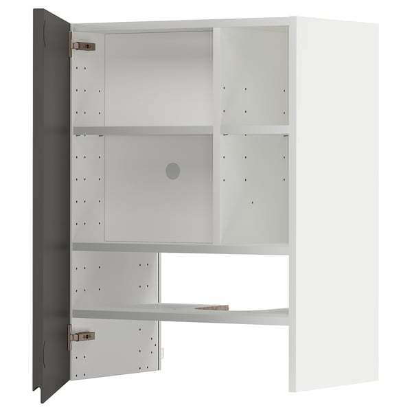 A white METOD kitchen cabinet with grey doors, featuring an adjustable shelf and snap-on hinges.