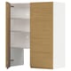 A wooden kitchen cabinet with open and closed white interior compartments, featuring modern minimalist design.
