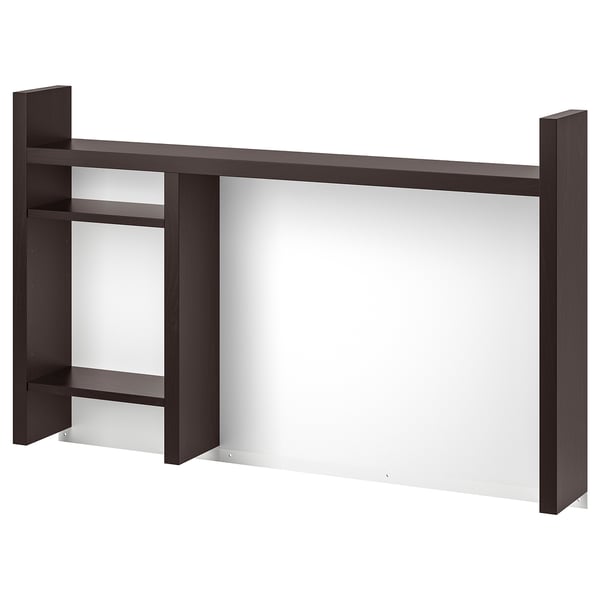 Dark brown wooden desk shelf, simple design with two vertical supports and three horizontal shelves. Useful for storage and organisation.
