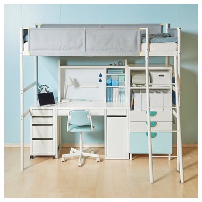 Product: MICKE desk white. Loft bed, drawers, shelves, lamp, books, chair.