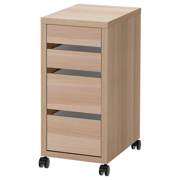 A MICKE light wooden rolling storage drawer unit with a sleek design. It has four drawers on wheels for easy movement.