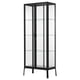 MILSBO glass display cabinet, black, with four adjustable glass shelves and a lock for secure storage.