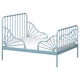 An extendable MINNEN bed in blue, featuring a metal frame with a fan-shaped headboard and vertical bars on the sides. It accommodates a mattress.