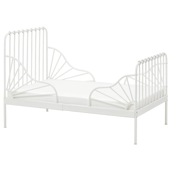 A white, metal, extendable childrens bed called MINNEN with a classic, curved design.