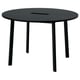 Black round conference table, four metal legs, sleek design.