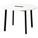 Depicts a modern round white conference table with four black metal legs, and a slot for cable management.