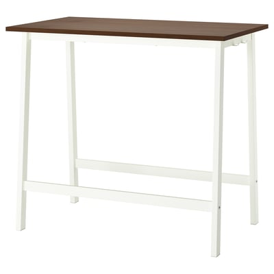 A MITTZON high conference table in white with a wooden top. It footrests on both sides for comfort.