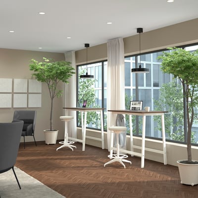 High conference table MITTZON, white, wooden top, metal base, rectangular, with footrests, large windows behind, potted plants, lit room.