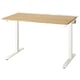 MITTZON adjustable desk, white metal base, oak top, rectangular shape, sleek design.